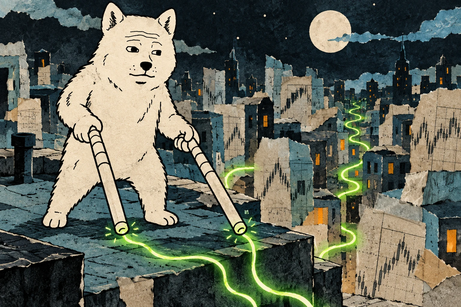 BAJAK tracing a glowing signal through a paper city